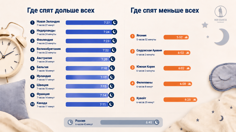 10 стран с самой долгой продолжительностью сна: инфографика