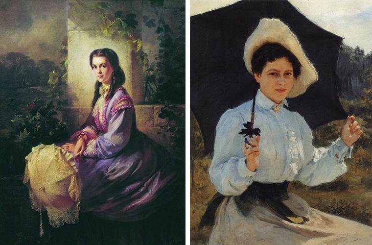 К. Маковский. Портрет графини С. Л. Строгановой. 1864 год (слева) / И. Репин. На солнце. Портрет Надежды Ильиничны Репиной. 1900 год (слева)