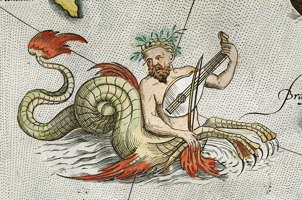 Ихтиокентавр, играющий на виоле. Фрагмент карты Скандинавии из «Зрелища круга земного» Абрахама Ортелия. 1571 год.