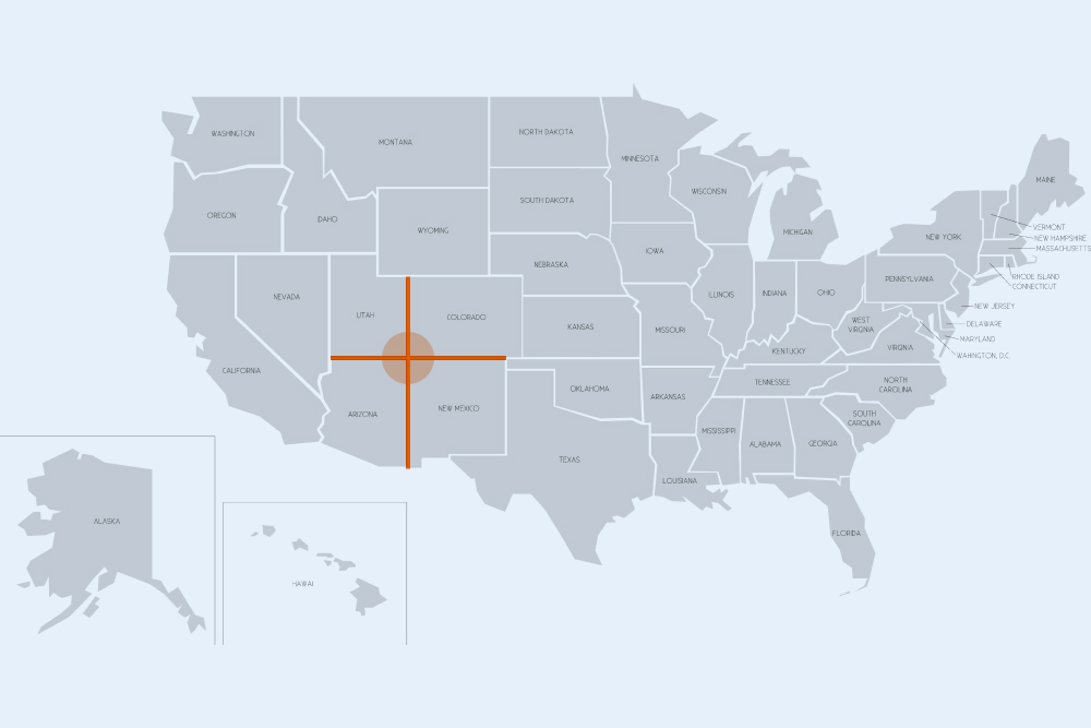 Расположение Четырех углов на карте США (красная зона)